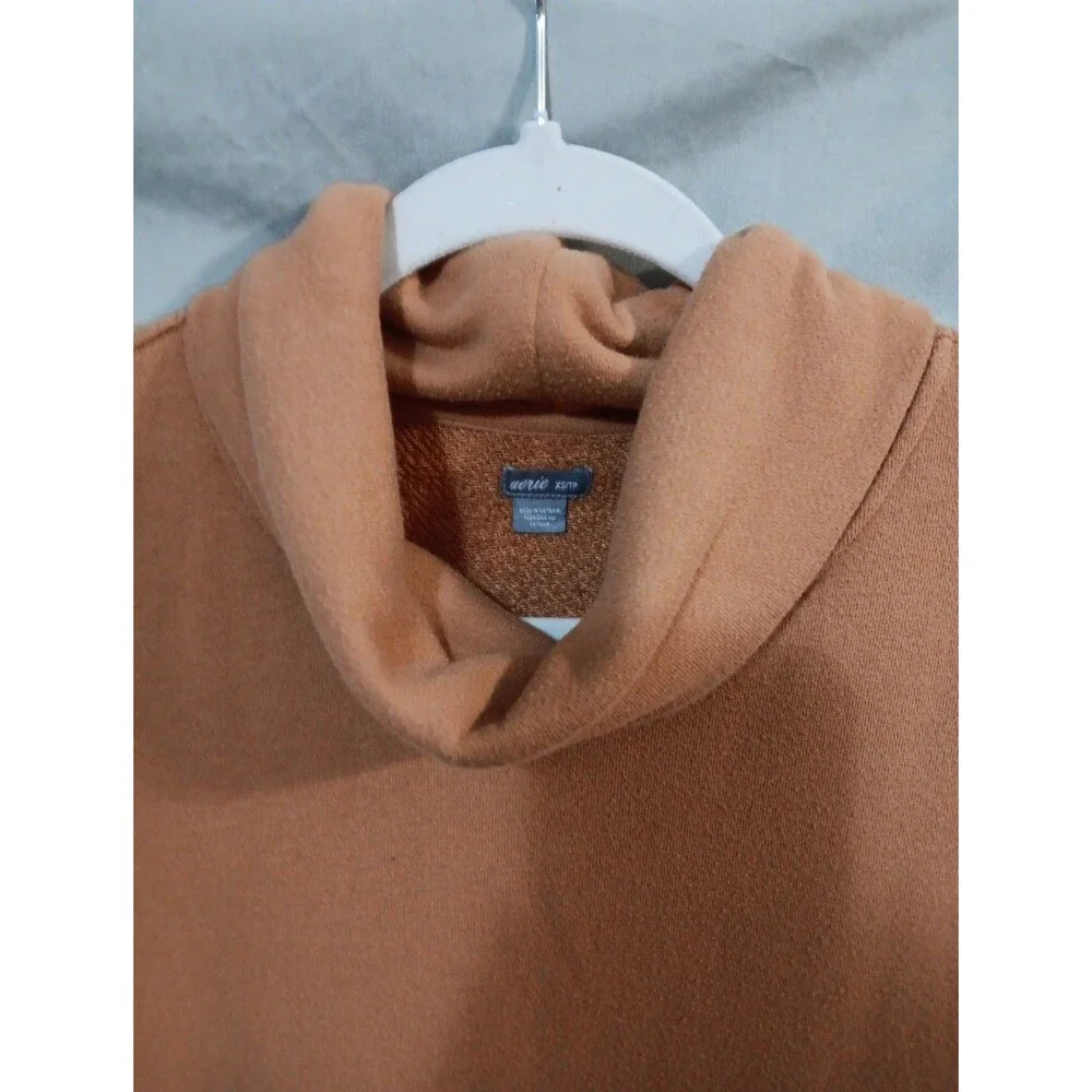 Aerie XS TP Rust Brown Cowl Neck Oversized Raw Hem Sweatshirt Womens Tunic EUC - Picture 4 of 7